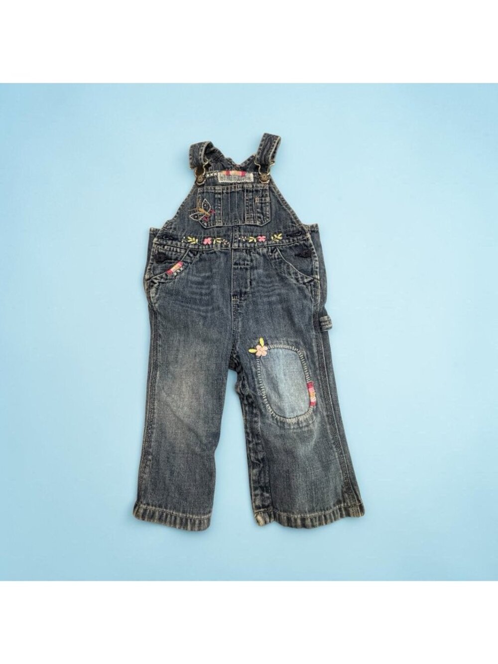 Baby Gap Denim Overalls Girls 12-18 Months Floral Embroidery Patch Distressed